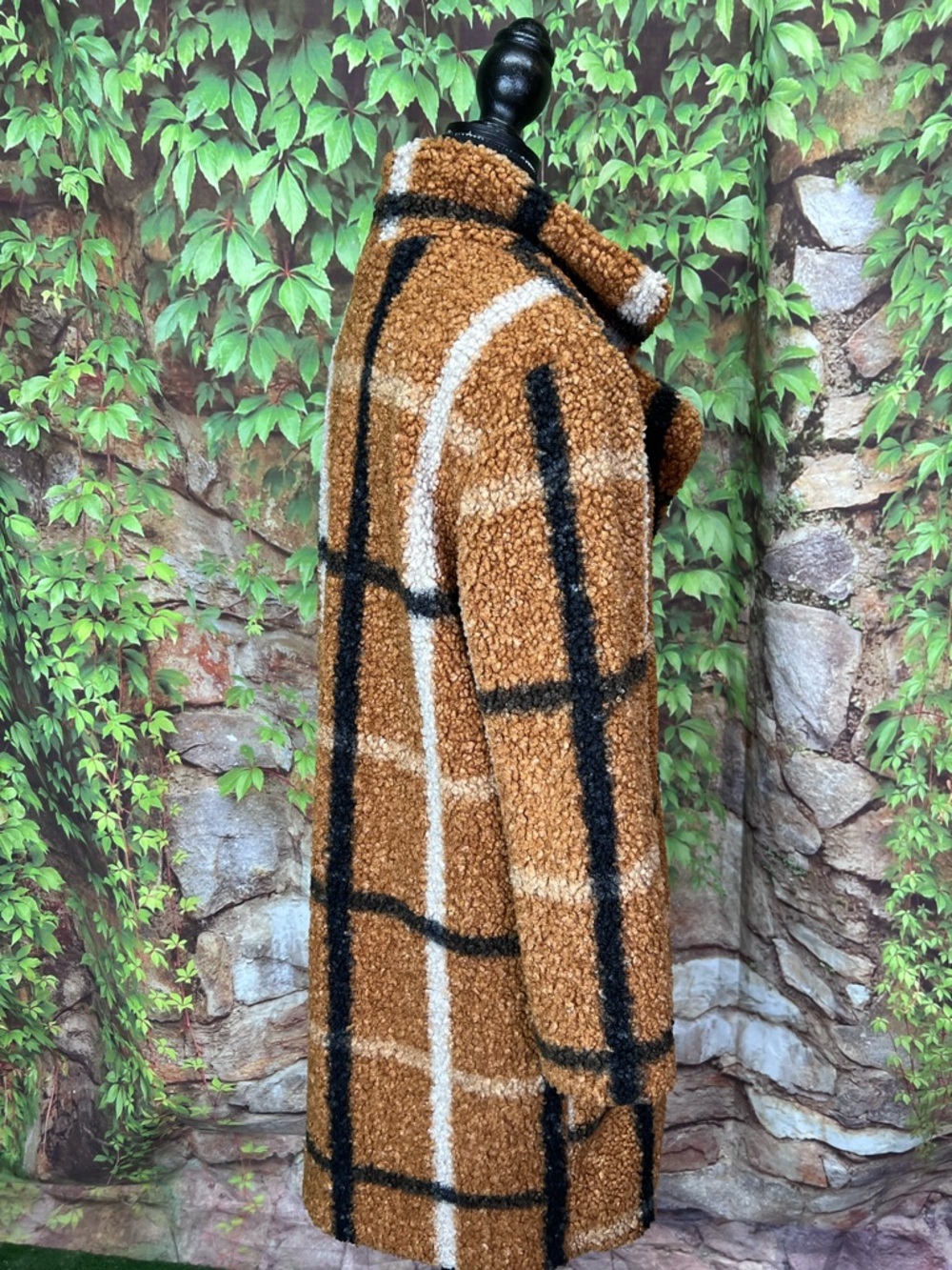 STOOSH Camel Plaid Boucle Relaxed Fit Snap Front Fall Downtown Statement Coat, S - Picture 7 of 10